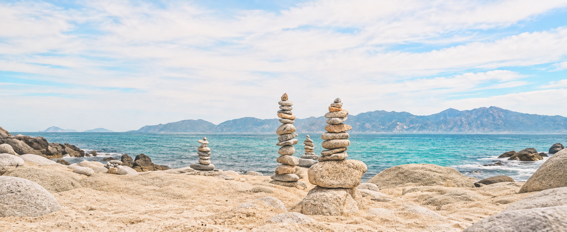 Pierres en équilibre au bord d’une mer turquoise, dans des teintes douces